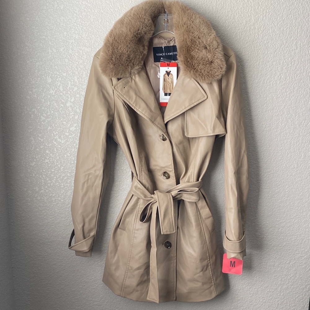 Vince Camuto Trench Coat Women's Medium Tan Color Vegan Leather Faux Fur Collar